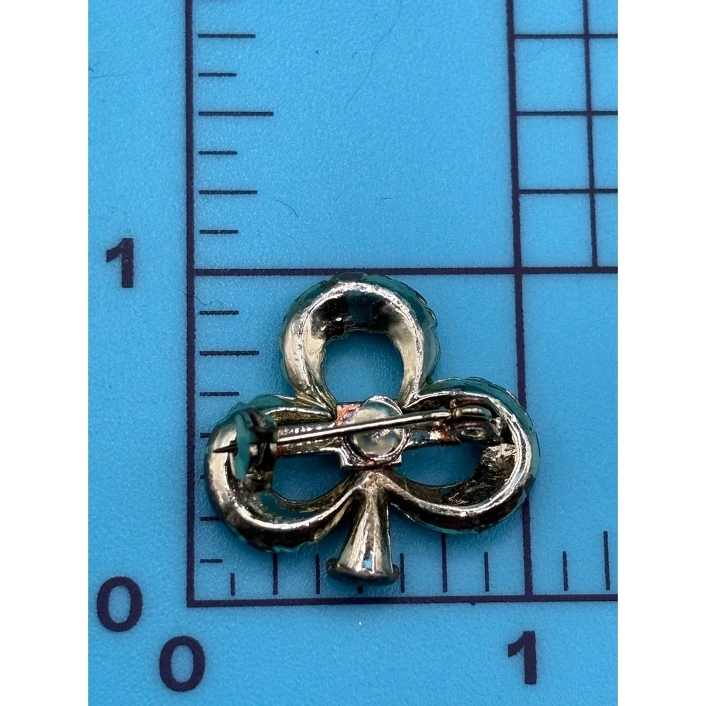 Vintage‎ Green Clover Pin Brooch Rhinestone Lucky Charm READ